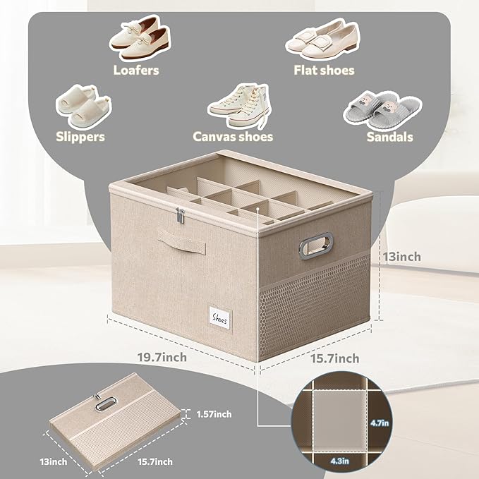Shoe Organizer for Closet, Large Shoe Box Storage Containers with Clear Window, Space Saving Shoe Bin with Foldable Bottom Support Adjustable Dividers - Fits 16 Pairs (Beige, (19.7*15.7*13)x1)