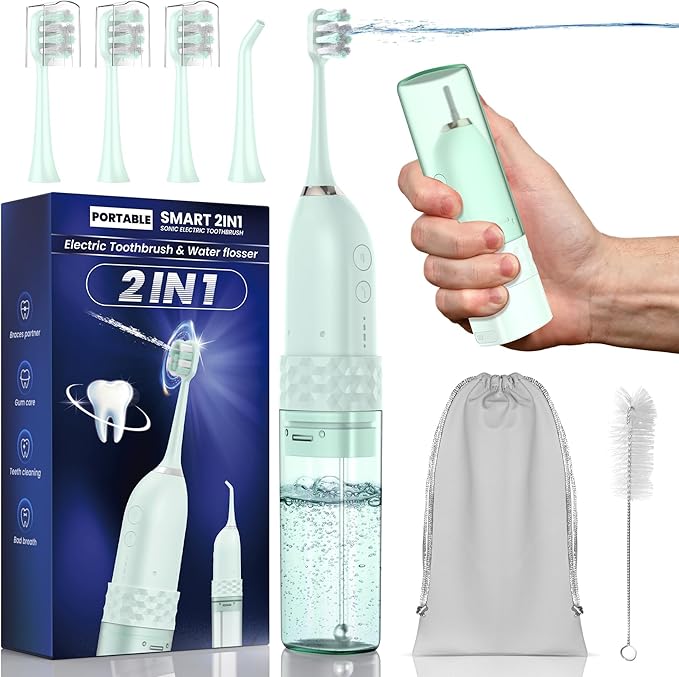 Electric Toothbrush with Water flosser, 2 in 1 Teeth Cleaning Kit, Toothbrush and Water flosser Combo, 25-Day Battery, Travel Toothbrush with Water Bottle(Green)