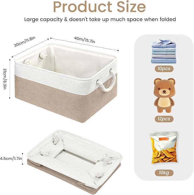 Large Storage Baskets- 15.7x11.8x8.26 inch Storage Bins for Shelves and Closet Organizing, Foldable Fabric Bin for Home Organization Clothes and Laundry (3-Pack, White&Khaki)