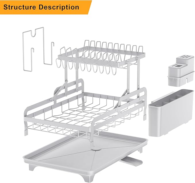 Dish Drying Rack Without Installation 2 Tier Metal Dish Racks for Kitchen Counter for 1-3 People with Drain Board Multifunctional Storage and Drainage Apartment Essentials