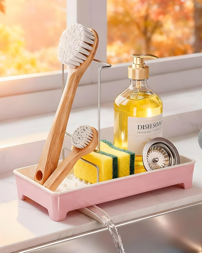 Minimalist Sink Caddy, Rustproof Sponge Holder for Kitchen Sink with 304 Stainless-Steel Brush Holder, Countertop Rack Organizer with Raised Ridges & Silicone Drain Tube (Blush Pink)