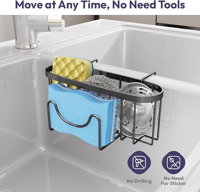 SWTYMIKI Sponge Holder for Kitchen Sink - Movable Kitchen Sink Caddy with M Shape Hook Stainless Steel Hanging Sponges Caddy Organizer in Double Bowl Sinks Depth>3.15in, Middle Divider<1.5in, Black L