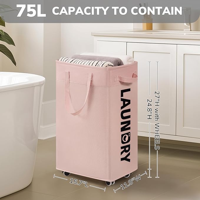Goodpick Pink Laundry Baskets with Wheels 2-Pack, 75L Rolling Laundry Basket with Removable Wash Bags, Large Laundry Hamper for Corner Dorm, Collapsible Laundry Basket on Wheels