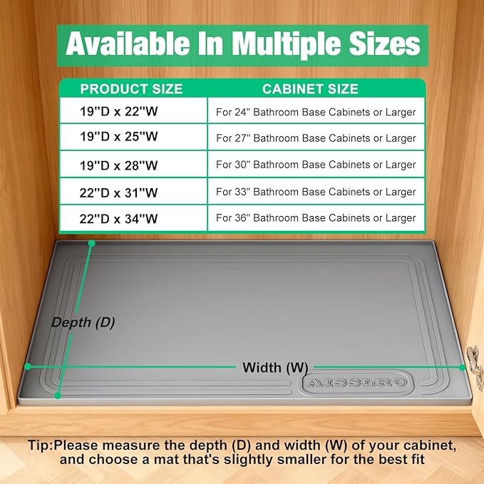 Aisslro Under Sink Mat 31" X 22", Waterproof Silicone Under Sink Mats for Kitchen, Anti-Leak Shelf Liner & Cabinet Protector with Raised Edge, [BPA Free] Bathroom Tray Home Organizer, Gray