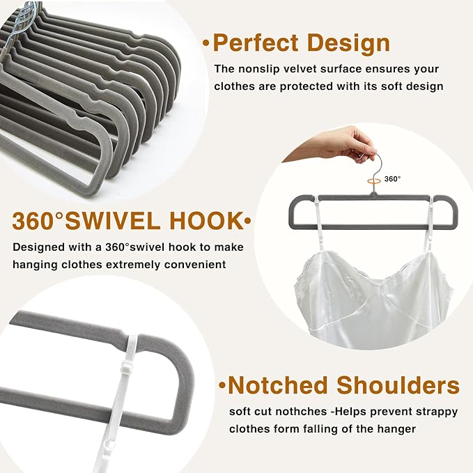 60 Pack Grey Velvet Pants Hangers with 60 Hooks Non Slip, Felt Trouser Hanger for Closet, Thin Space Saving Clothes Hanger, Strong, Durable, 360 Degree Rotatable Hook for Tank Top, Shorts