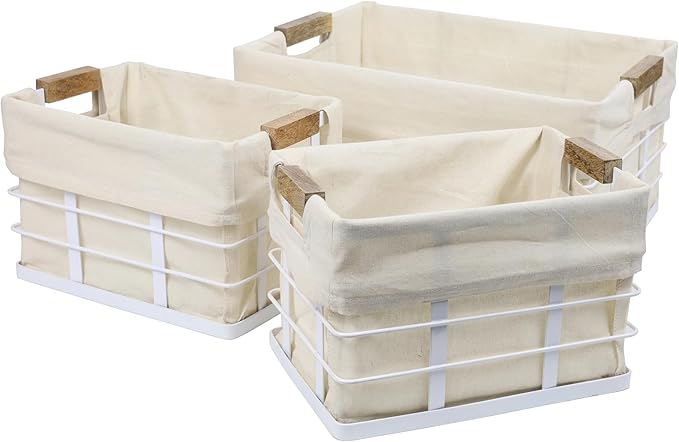 happimess BSK3002B-3SET Callan Vintage Industrial Wire Metal Nesting Storage Baskets with Wood Handles and Fabric Liner for Shelves, Cabinets, Pantry, Countertop, Mesh Open Bin, White (Set of 3)