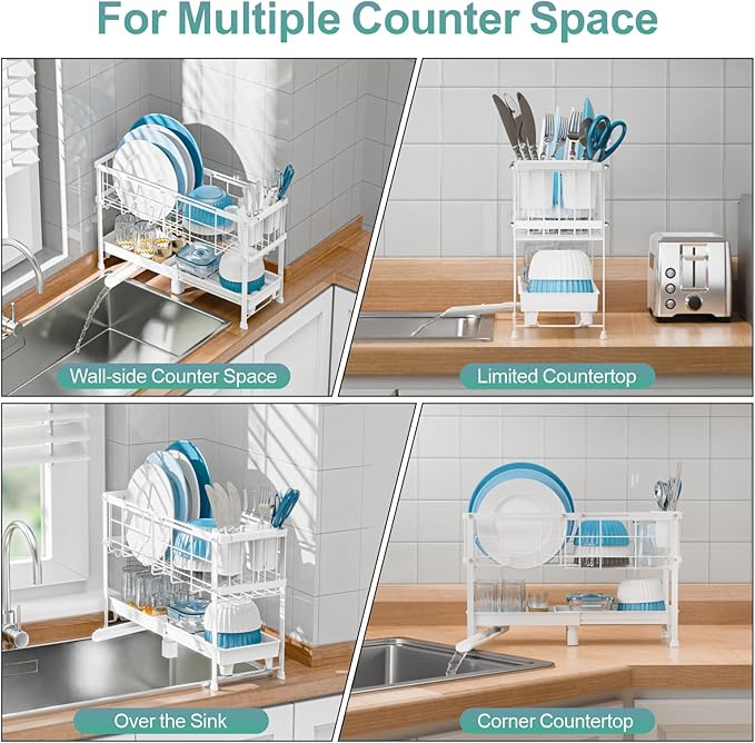 GSlife Narrow Dish Drying Rack - Expandable Small Dish Rack for Kitchen Counter, 2 Tier Adjustable Capacity (15.7''-20.7''L) Dish Drainer Rack with Removable Cutlery Holder, White
