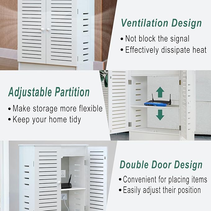 WiFi Router Storage Cabinet, Floor Standing Router Storage Box Modem, Power Strip and Cable Management Hider Organizer for Home and Office (White)
