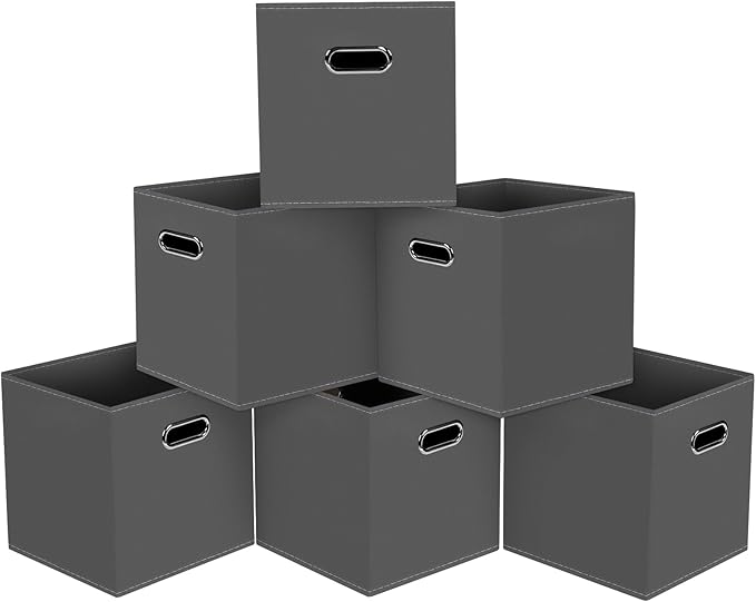 Black Foldable Storage Cubes Bins, Fabric Storage Box Cubes Organizer Baskets with Dual Handles for Home Organizer,Set of 6,(Gray)