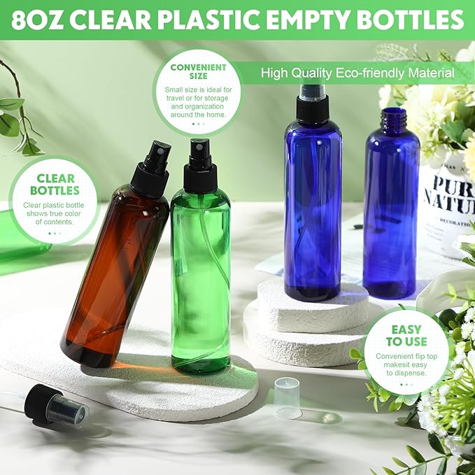 Eccliy 32 Pcs 8 oz Spray Bottles Fine Mist Plastic Spray Bottles Clear Empty Sprayer Hairs Refillable Travel Sprayer with Pump Cap for Cleaning Oils Travel Perfumes(Multicolor,Colored)