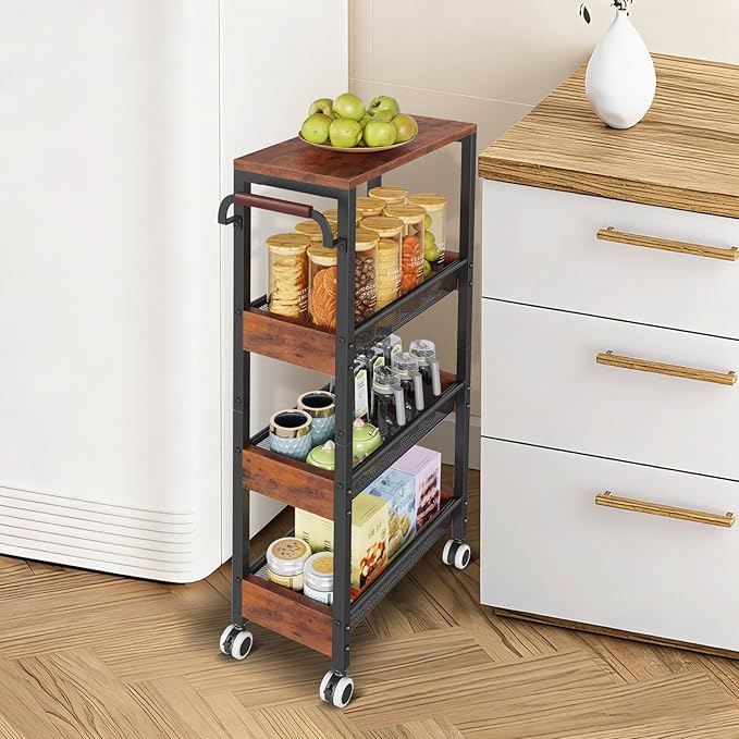 4 Tier Slim Rolling Cart with Wheels for Kitchen, Utility Narrow Storage Cart with Wood Top& Wood Handle for Small Space, Skinny Metal Organization Trolley Laundry Slim Storage Cart 7.9"