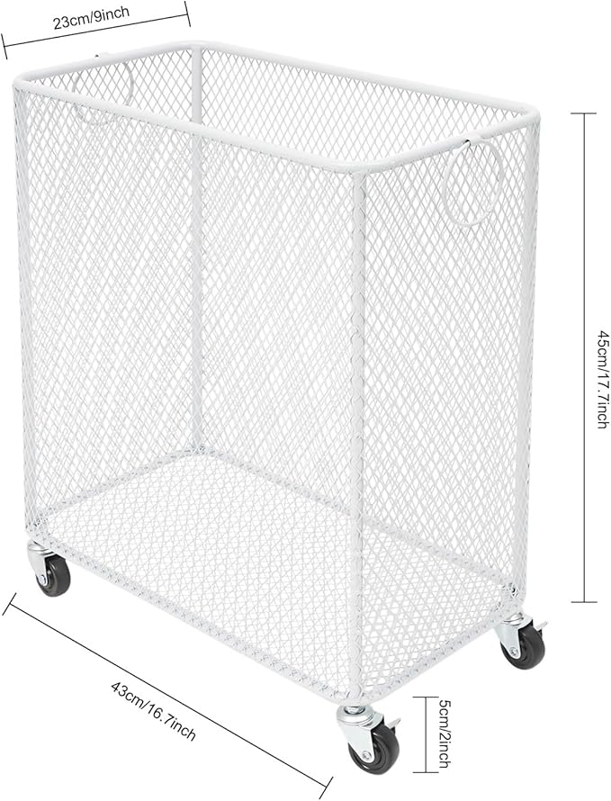White Metal Laundry Basket with Wheels, Rolling Laundry Hamper Cart Mesh Laundry Storage Cart Organizer Clothes Sorter Shelf Basket Durable for Laundry Room