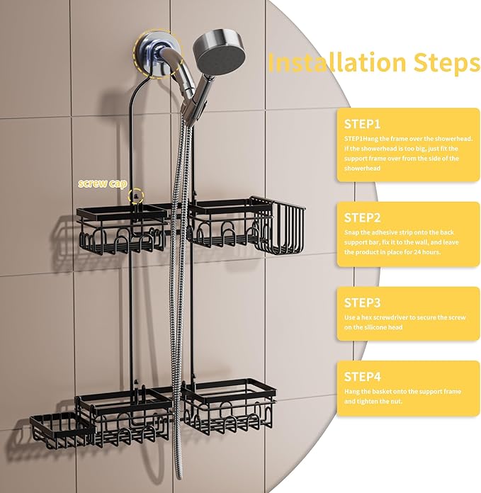 Shower Caddy Hanging - Shower Caddy for Handheld Shower Heads with Soap holder, Toothbrush Holder & Suction Hook, Universal 0.82-inch Fit with Non-Slip Rubber Pad, Black