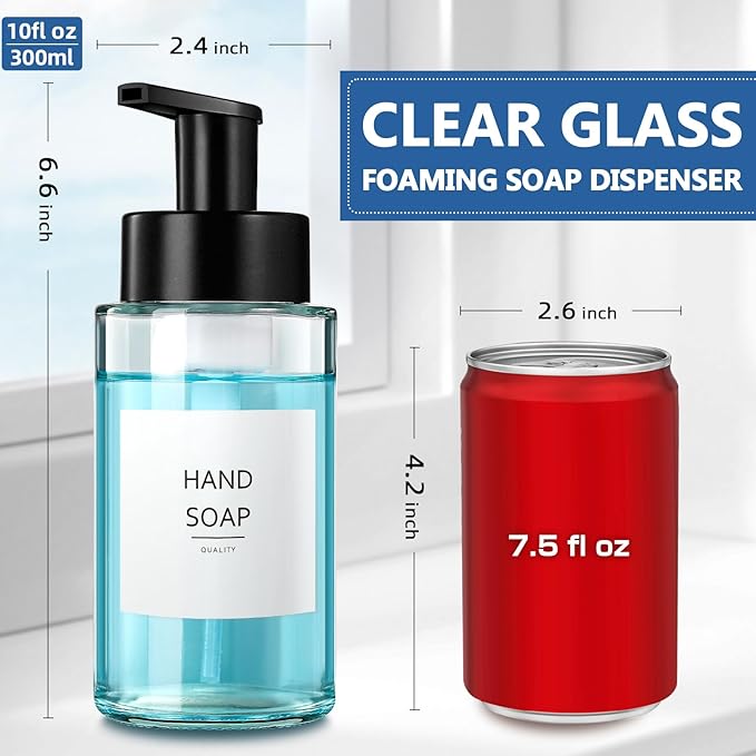 Foaming Soap Dispenser, 10 oz/300ml Foaming Hand Soap Dispenser, 3 Pack Glass Foaming Soap Dispenser for Bathroom & Kitchen, Clear Refillable Foam Soap Dispenser Bottle with Waterproof Labels