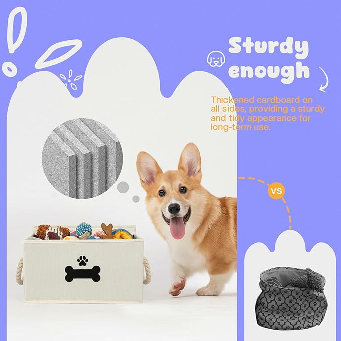 Dog Toy Basket with Lid, Dog Basket for Toys, Dogs Toy Box with Cotton Rope Handles, Collapsible Storage Bins for Pet Toys, Dogs Storage Organizer, Beige