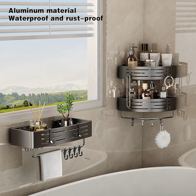 VOLPONE Corner Shower Caddy Adhesive Shower Shelf Corner No Drilling Bathroom Shower Organizer Storage Rack Rust-proof with Towel Bar (2-Pack, Gray)