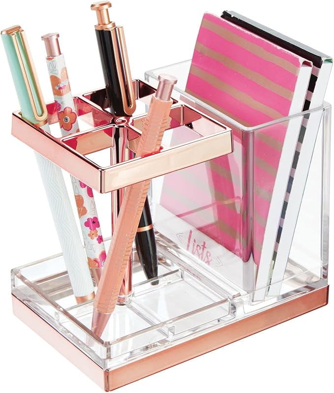 mDesign Plastic Toothbrush and Toothpaste Storage Organizer Holder - Home Decor for Bathroom Countertop - Holds Toiletries and Beauty Accessories - Lumiere Collection - Clear/Rose Gold