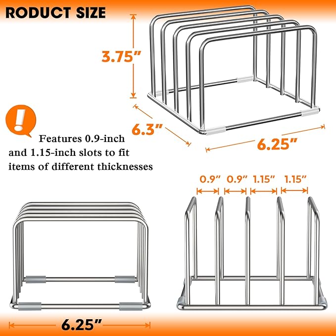 304 Stainless Steel Cutting Board Organizer Rack – Rustproof Compact 4-Slot Holder for Thin Cutting Boards and Plates – Premium Kitchen Storage Solution for Countertops and Cabinets