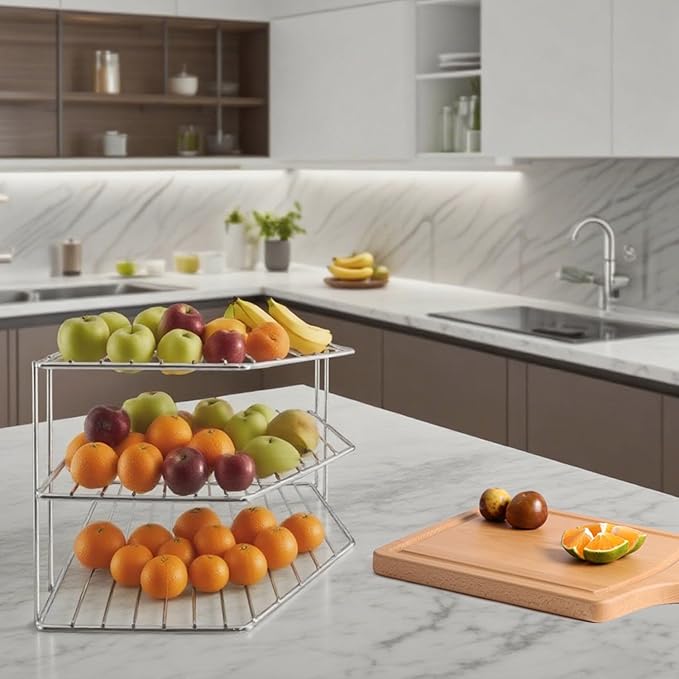 3-Tier Corner Shelf Counter and Cabinet Organizer - Steel Metal Wire - Rust Resistant - Plates, Dishes, Cabinet & Pantry Organizer - Kitchen Organization (10 x 7.5 Inch) (Chrome)