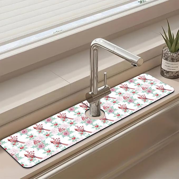 Chrismas Sink Splash Guard Faucet Mat Cute Christmas Absorbent Fast Drying Mat Sink Gadgets Splash Guard Behind Faucet Drip Catcher for Kitchen Bathroom 23.5"X5.5"