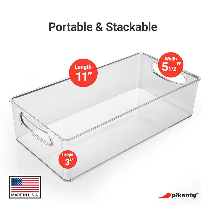 Pikanty - 11-Inch Refrigerator Organizer Bin with Handles - Clear Plastic Storage for Fridge, Pantry, or Countertop - Dishwasher Safe - Made in the USA