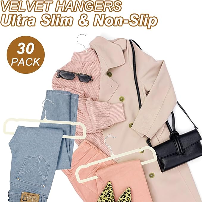Velvet Pants Hangers Non Slip, 30 Pack Velvet Hangers for Closet with 30 Hooks, Strong Durable Space Saving Slim Clothes Hanger, Ultra Thin Flocked Hanger for Pants, Shirts, Bra, Shorts (Cream)