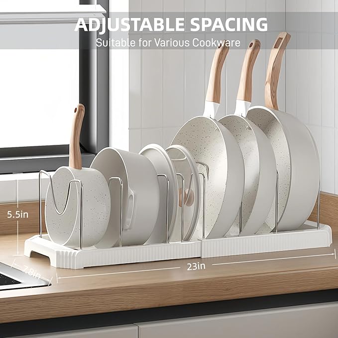 Expandable Pot and Pan Organizer Rack for Kitchen Cabinet or Under Sink, Adjustable Lid Holder with 7 Dividers, Space-Saving Storage for Renters, Small Homes, and Busy Cooks, White