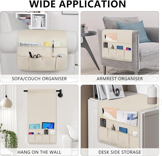 WETRBWEH Remote Control Holder for Armchair，Couch Caddy Organizer TV Remote Holder for Bed Storage 5 Pockets，Remote Caddy Bedside Organizer Bedside Table Organizer (Beige, 35''x18'')