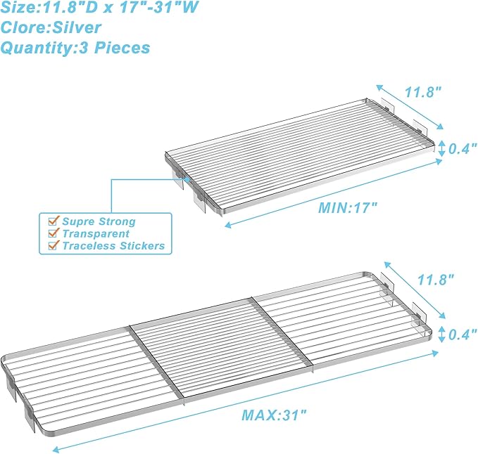Expandable Closet Organizer Shelves, Adjustable Rod Metal Storage Shelves Divider for Wardrobe Cupboard Kitchen (Silver,11.8" D x 17"-31" W,3PCS)
