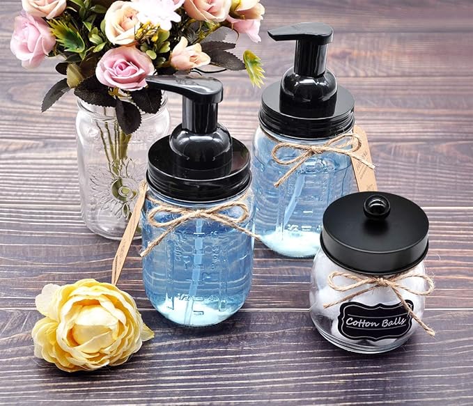 Amolliar Mason Jar Foaming Soap Dispenser, Rustproof Stainless Steel Lid,BPA Free Pump, Waterproof Labels, Rustic Farmhouse Decor, Refill Hand Soap Dispenser for Bathroom, Vanity, Kitchen, Countertop