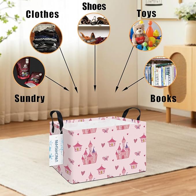 LANGYASHAN Rectangular Storage Bin Collapse Canvas Fabric Cartoon Storage Basket with Handles for Organizing Home Kitchen Boys and Girls Toys Office Closet Shelf Baskets (Rec Pink Castle)