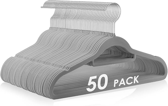 Velvet Hangers Non Slip Felt Hangers, 50 Pack Grey Velvet Clothes Hangers Space Saving Slim with 360 Degree Swivel Hook for Suits Coats, Jackets, Pants, and Dress Clothes