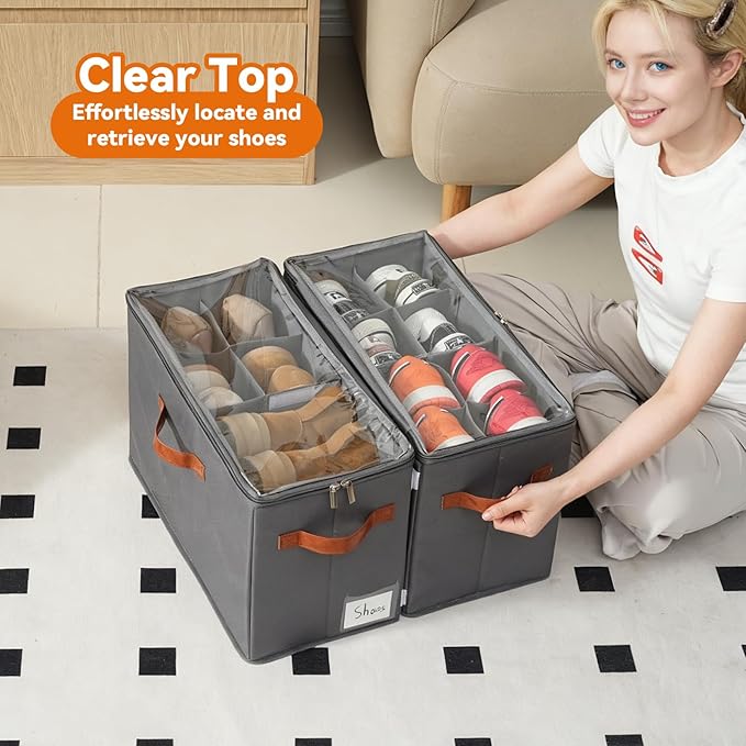 2 Pack Shoe Organizer for Closet, Foldable Shoe Storage Organizer with Adjustable Dividers and Clear Cover, Stackable Fabric Closet Shoe Organizer Storage Box Fits 16 Pairs, Gray