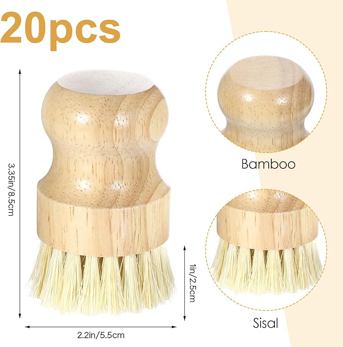 20 Pack Bamboo Dish Brush Set, Natural Dish Scrub Brush with Handle, Wooden Dish Scrubber for Kitchen Cleaning, Eco-Friendly Scrub Brush for Dishes, Pots, Pans, and Vegetables