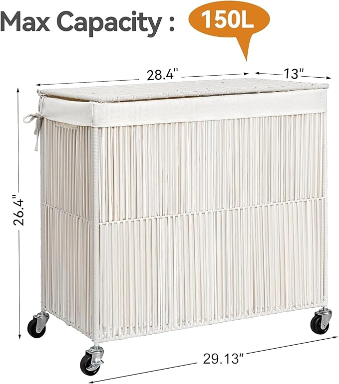 WOWLIVE Laundry Hamper with Wheels, 160L Handwoven Rolling Laundry Basket 3 Section with Lid, Clothes Hamper with 3 Removable Liner Bags, Large Laundry Sorter Laundry Room Organization, Creamy White
