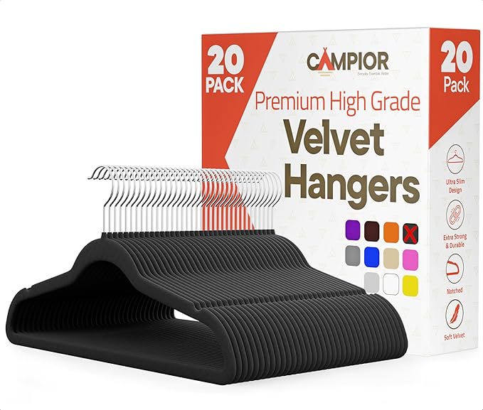 Black Velvet Hangers 20 Pack – 360° Swivel Hook, Non-Slip and Space Saving Hangers, Heavy-Duty 11 lbs Weight Capacity - Smooth Velvet Finish for Crease-Free Clothes and Effortless Closet Organization