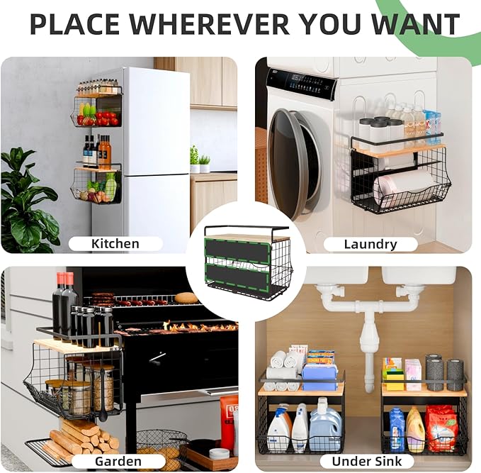 3-Tier Magnetic Shelf for Fridge with Divider & Bamboo Top, Fruit Basket Potato and Onion Storage Bins, Kitchen Large Container Magnetic Spice Rack for Refrigerator, Kitchen Counter, Fridge Organizer