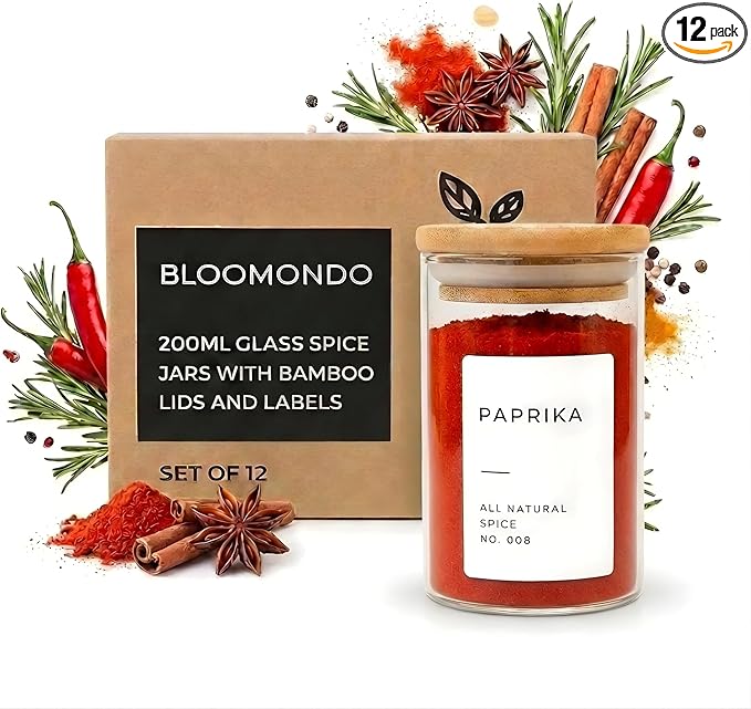 Empty Spice Jars with Label Pack (12x Bamboo Lid Glass Jar). Small 6oz Spice Storage Bottles with 112 Printed Stickers and 48 Writable Pantry Labels for Seasoning Containers