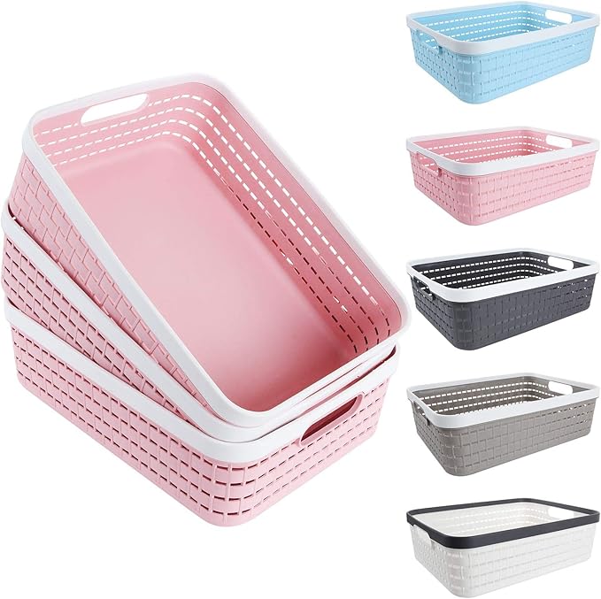 CertBuy 3 Pack Plastic Storage Baskets 14 x 10 x 4.5 Inch, Large Weave Storage Bins with Handle for Cabinet, Shelf, Kitchen, Bedroom, Bathroom and office – Pink
