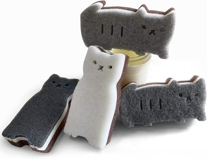 Kitchen Sponges Reusable, Cat Shape Dish Sponge for Washing Dishes, Non Scratch Sponges for Cleaning Dishwashing, Household Scrub Sponge Heavy Duty,4pack
