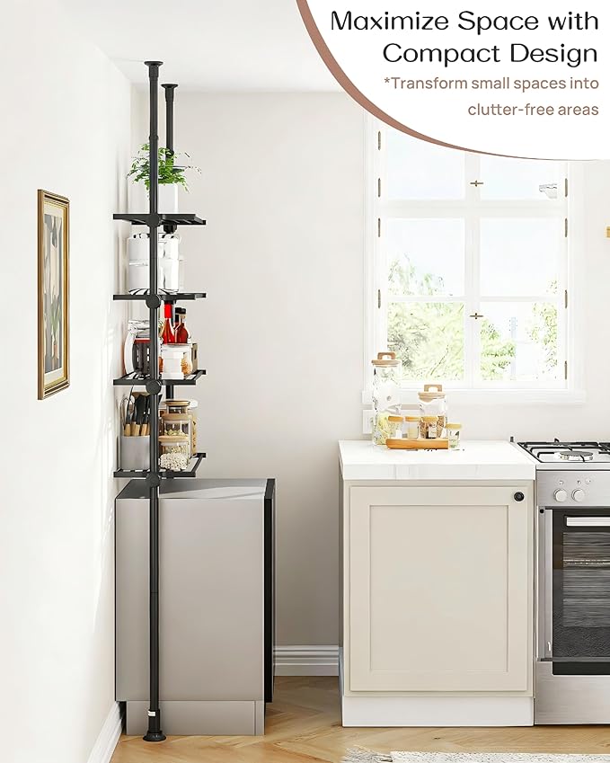 ALLZONE Over The Toilet Storage Cabinet, 4-Tier Adjustable Bathroom Shelves, 22-34 Inch Wide, Tension Mounted Organizer, Space-Saver Narrow Shelf, Fits 66-115 Inch Heights, Black