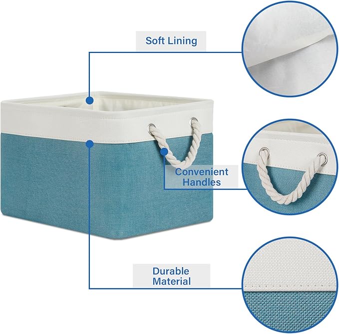 Temary Fabric Storage Baskets 4Pack Storage Bins Decorative Basket for Gift, Clothes Bin with Rope Handle, Rectangle Baskets for Storage, Blankets(White&Teal,15x11x9.5 inch)