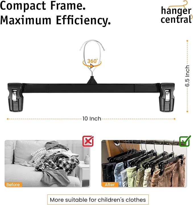 Hanger Central 30 Pack Pants Hangers – 10 Inch Slim Plastic Clothes Hangers with Clips for Skirts, Pants, Shorts – Heavy Duty Space Saving Non Slip Closet Organizer with Swivel Hook – Black