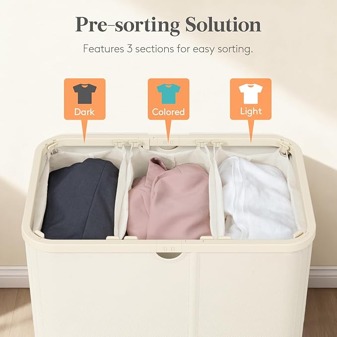 Lifewit 185L Large 3 Section Laundry Hamper with Lid, Plastic Laundry Basket with Bamboo Handles and Removable Bags, Tall Foldable Clothes Hamper for Bathroom Bedroom, White