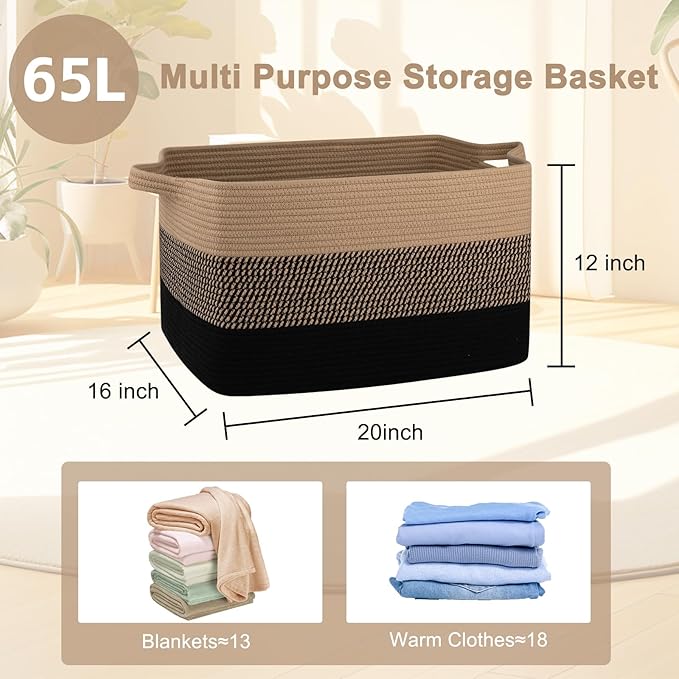 OIAHOMY Large Storage Basket, Cotton Rope Woven Blanket Basket, Toy Bin for Baby Room, Container for Blanket Storage in Living Room, 20''×16''×12'', Brown & Black