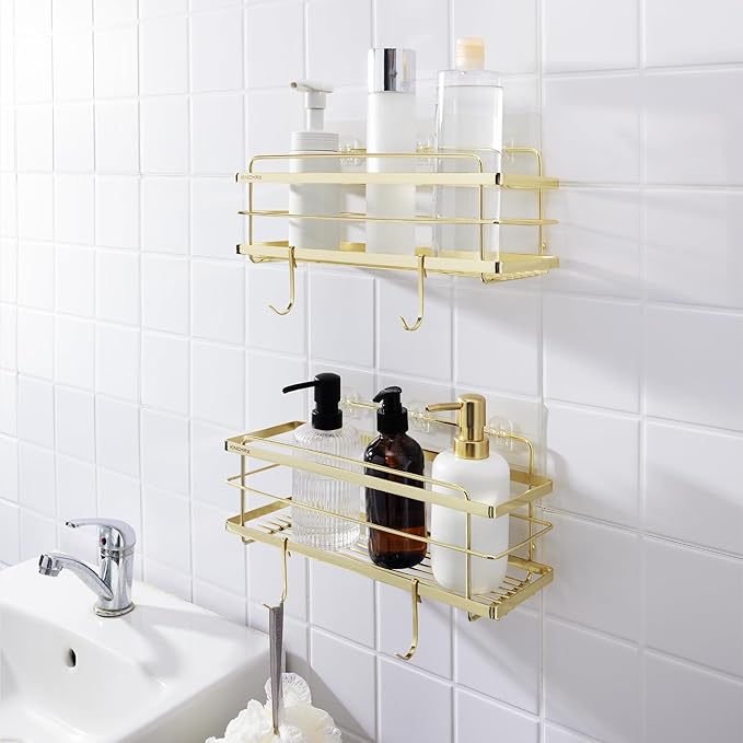 KINCMAX Premium Shower Caddy - 2-Pack Adhesive Organizer - No Drill Bathroom Shelves - Rustproof Stainless Steel for Inside Shower Shampoo Holder Storage Rack - Gold