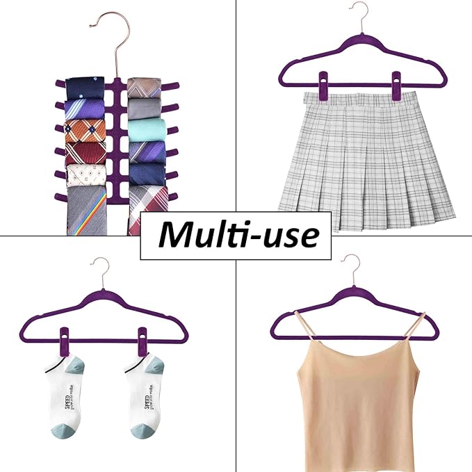 VECELO Premium Velvet Clothes Hangers Suit Heavy Duty (50 Pack)-Non Slip & Space-Saving with 6 Finger Clips & Tie Rack Excellent for Men and Women,Dark Purple