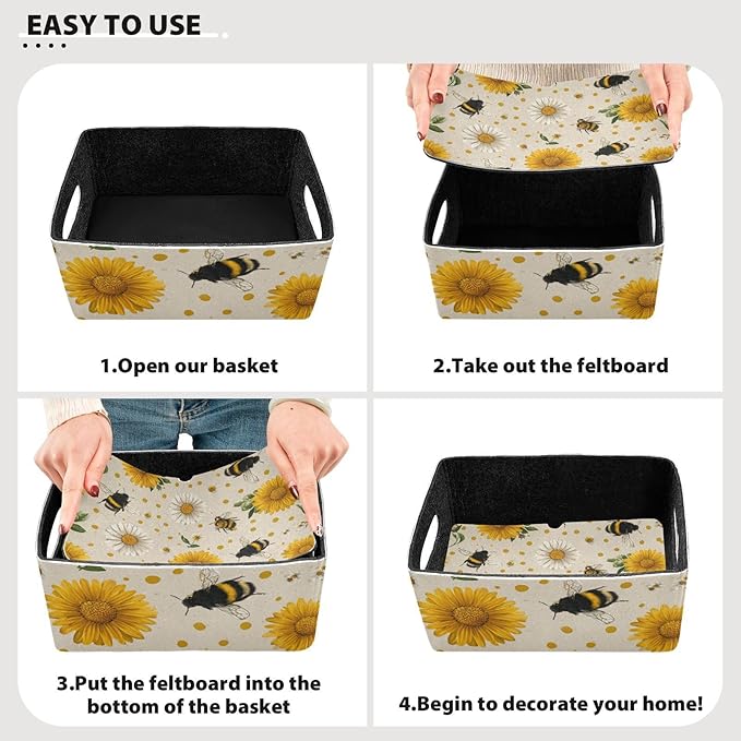 Closet Storage Bins 2 Pcs Felt Open Home Storage Containers Organizer with Handles Collapsible Shelf Basket for Home Office Craft Room Classroom Fabric Beige Dotty Bee Daisy Sunflower