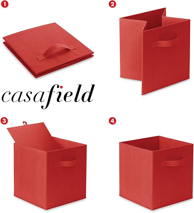 Casafield Set of 6 Collapsible Fabric Cube Storage Bins, Red - 11" Foldable Cloth Baskets for Shelves, Cubby Organizers & More
