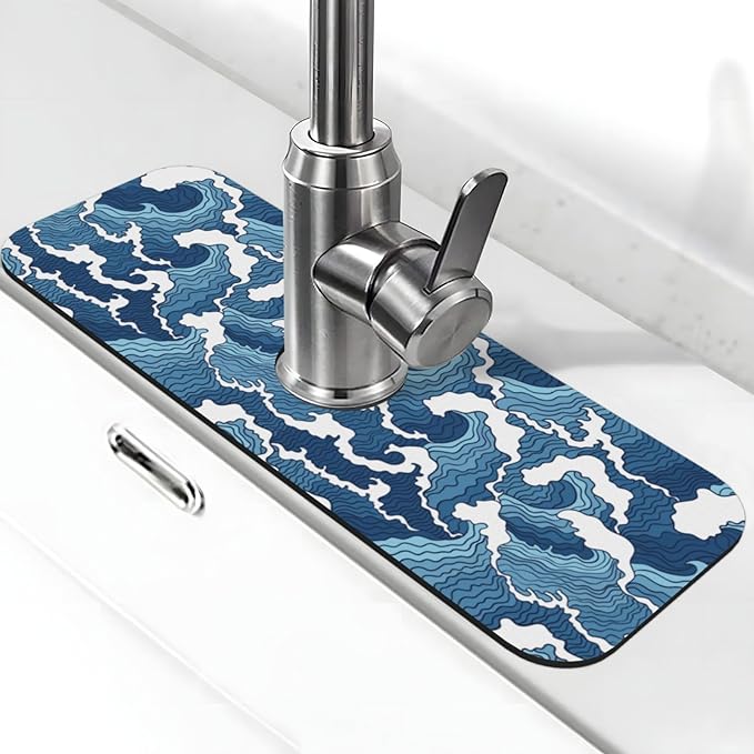 Japanese Wave Kanagawa Blue And White Waves Japan Kitchen Sink Splash Guard Faucet Mat Super Absorbent Fast Drying Mat Sink Gadgets-Fast Drying Pad Sink Mat For Kitchen Bathroom (15" X 5.5" )